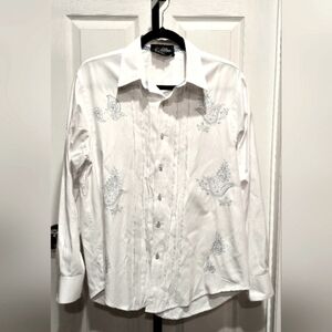 Lansky Bros. White Blue Embroidered Paisley Sport Button Down Shirt